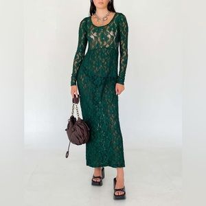 BETSEY JOHNSON Vtg 90s Y2K Green Sheer Lace Peekaboo Goth Grunge Maxi Dress M
